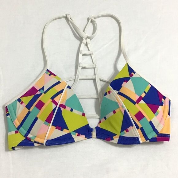 Pink Geometric Print Racer Back Bikini Swimsuit Top Size XS - Picture 1 of 3
